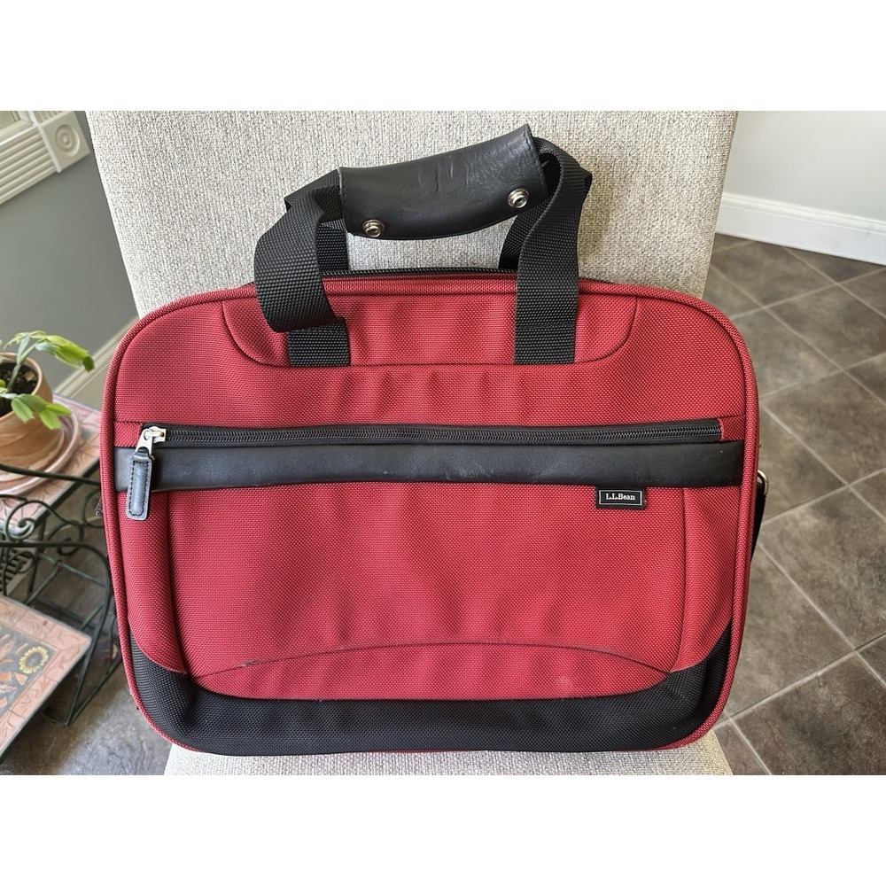 Vintage LL Bean Canvas Leather Trim Messenger Briefcase Laptop Bag red
